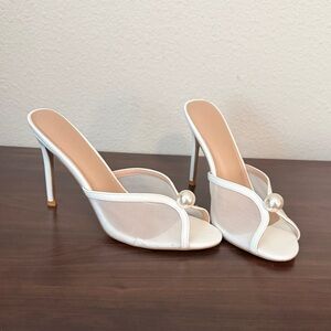 White Pearl-Accent Mesh High Heel Mules